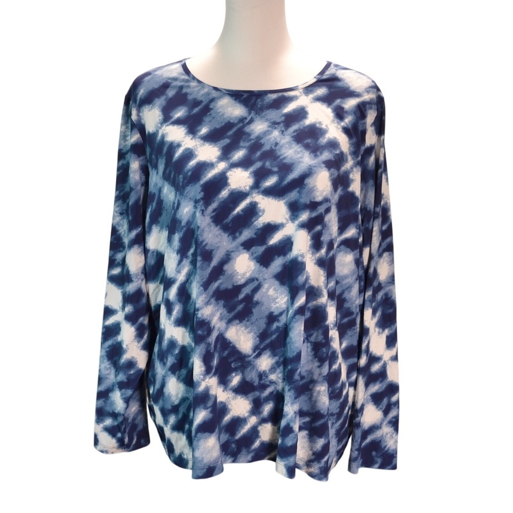Lands End Swim Tee Shirt Women 2X Blue Tie Dye Long Sleeve Rash Guard Womens